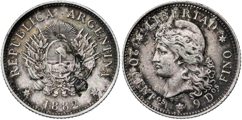 Argentina. 1882. 20 centavos. (KM. 27). AG. 4,95 g. MBC+.