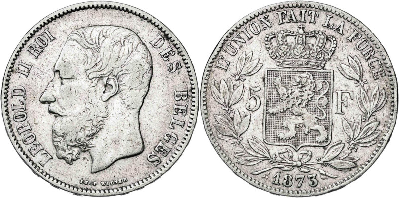 Bélgica. 1873. Leopoldo II. 5 francos. (KM. 24). 24,84 g. MBC-/MBC.