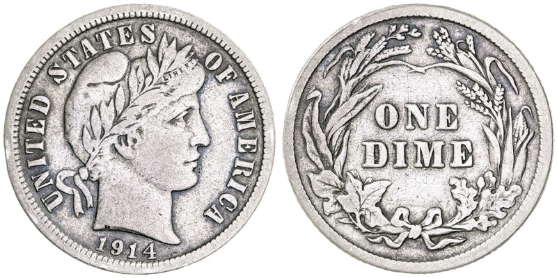 Estados Unidos. 1914. Filadelfia. 1 dime. (KM. 113). Escasa. AG. 2,46 g. MBC-.