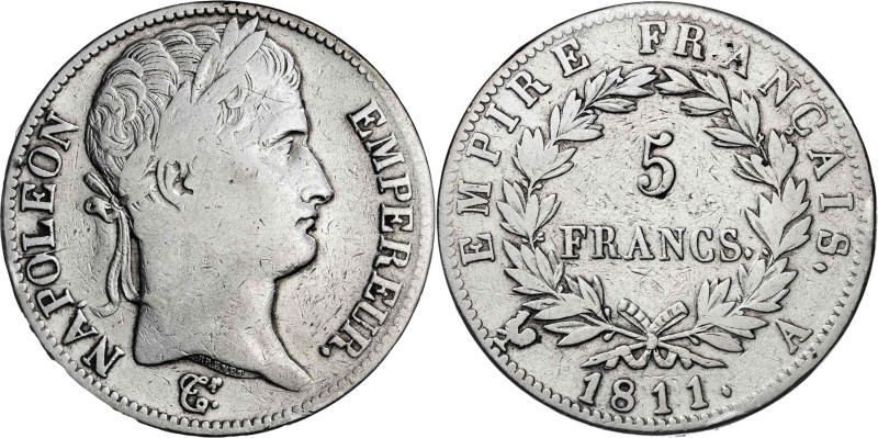 Francia. 1811. Napoleón. A (París). 5 francos. (KM. 694.1). AG. 24,62 g. MBC-.