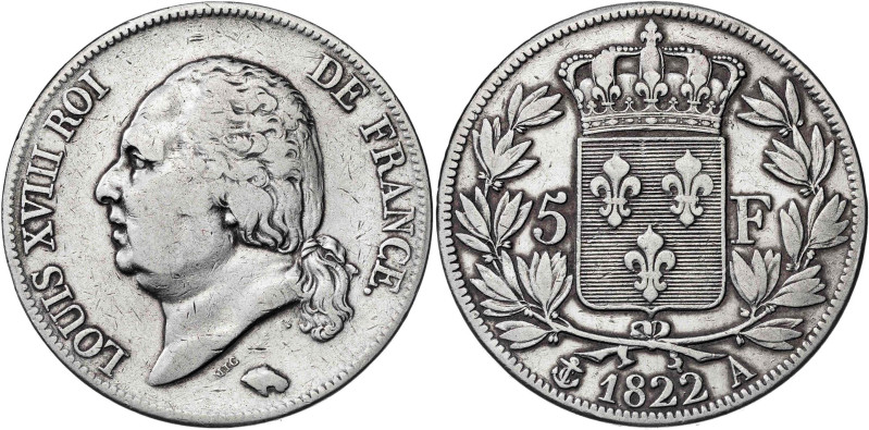 Francia. 1822. Luis XVIII. A (París). 5 francos. (KM. 711.1). AG. 24,76 g. BC+/M...