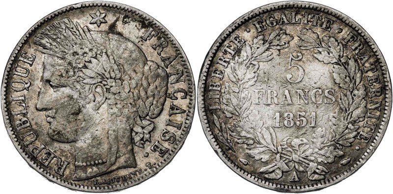 Francia. 1851. II República. A (París). 5 francos. (KM. 761.1). AG. 24,68 g. MBC...