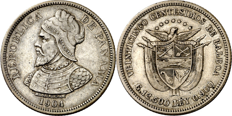 Panamá. 1904. 25 centésimos. (KM. 4). AG. 12,44 g. MBC+.