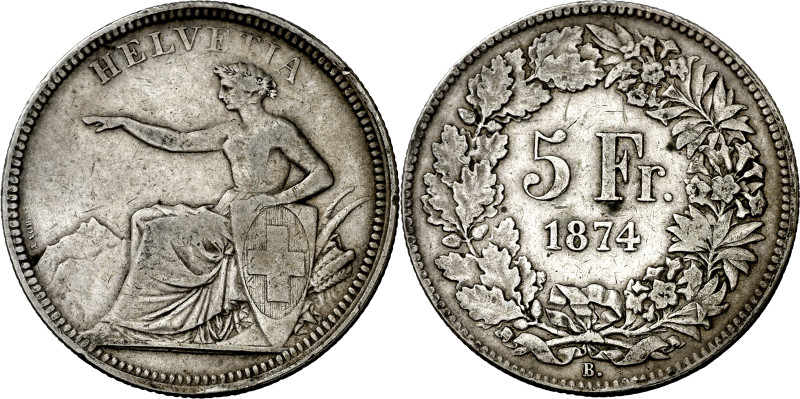 Suiza. 1874. B (Berna). 5 francos. (KM. 11). Escasa. AG. 24,82 g. MBC-.