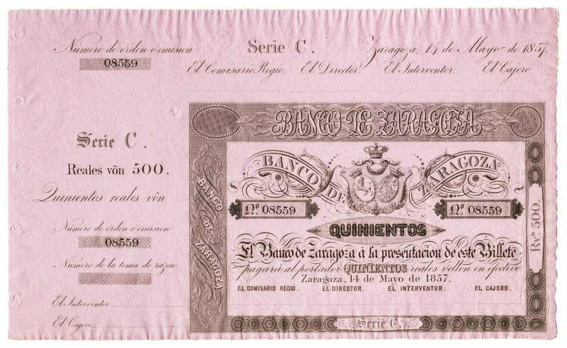 1857. Banco de Zaragoza. 500 reales de vellón. (Ed. 128B) (Pick. falta). 14 de m...