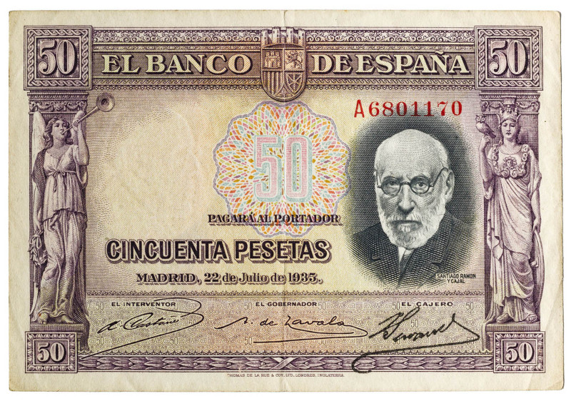 1935. 50 pesetas. (Ed. 366). 22 de julio, Ramón y cajal. Serie A. Doblez central...