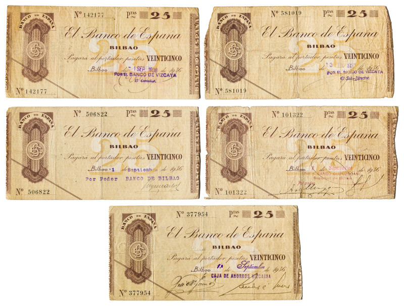 1936. Bilbao. 25 pesetas. (Ed. 369a, 369f, 369h y 369i). Lote de 5 billetes con ...