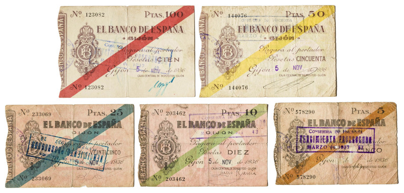 1936. Gijón. 5, 10, 25, 50 y 100 pesetas. (Ed. 380 a 384). 5 de noviembre. 5 bil...