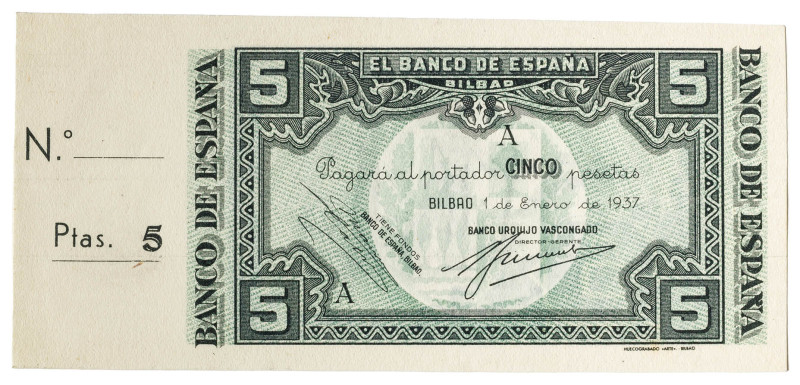 1937. Bilbao. 5 pesetas. (Ed. 387f var). 1 de enero. Antefirma del Banco Urquijo...