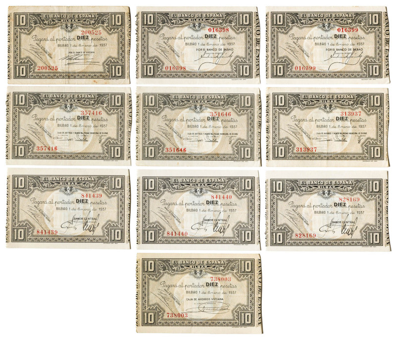 1937. Bilbao. 10 pesetas. (Ed. 387a, 387b, 387c, 387g y 387h). 1 de enero. Lote ...