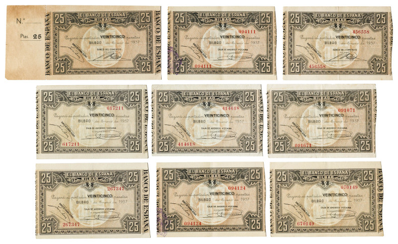 1937. Bilbao. 25 pesetas. (Ed. 388a y 388b). 1 de enero. Lote de 9 billetes con ...