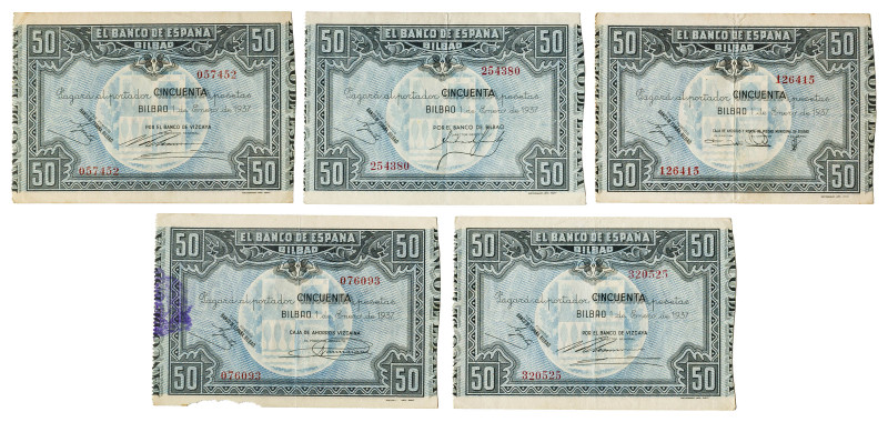 1937. Bilbao. 50 pesetas. (Ed. 389a, 389b, 389c y 389f). 1 de enero. Lote de 5 b...