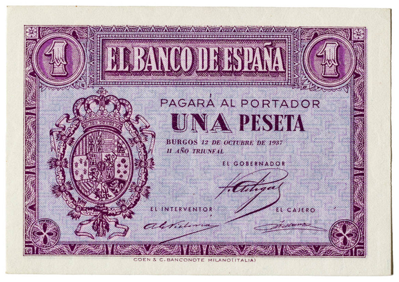 1937. Burgos. 1 peseta. (Ed. 425). 12 de octubre. Serie A. Apresto original. Muy...