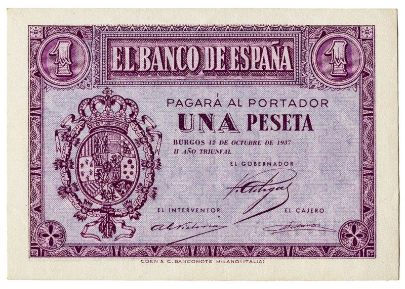 1937. Burgos. 1 peseta. (Ed. 425). 12 de octubre. Serie A. Apresto original. Muy...