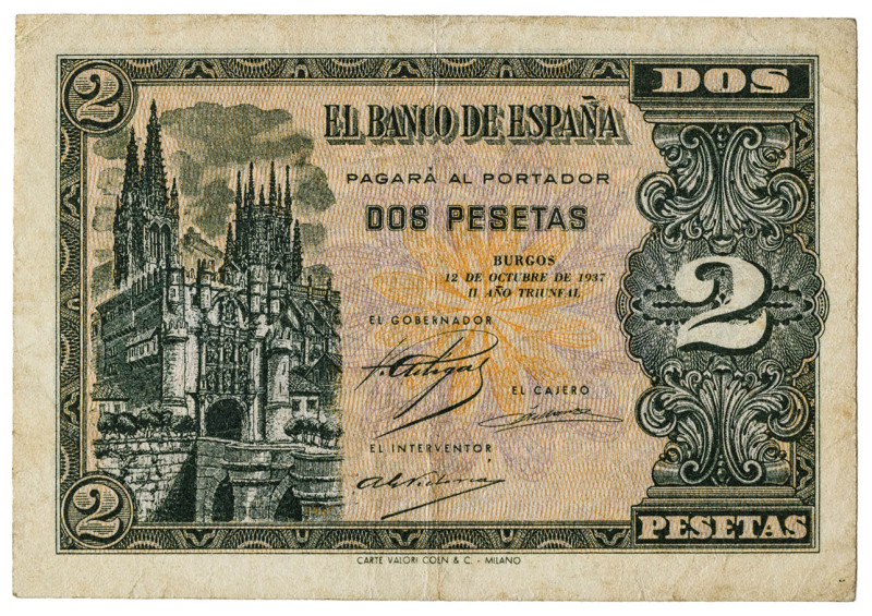 1937. Burgos. 2 pesetas. (Ed. 426a). 12 de octubre. Serie B. Raro. MBC-.