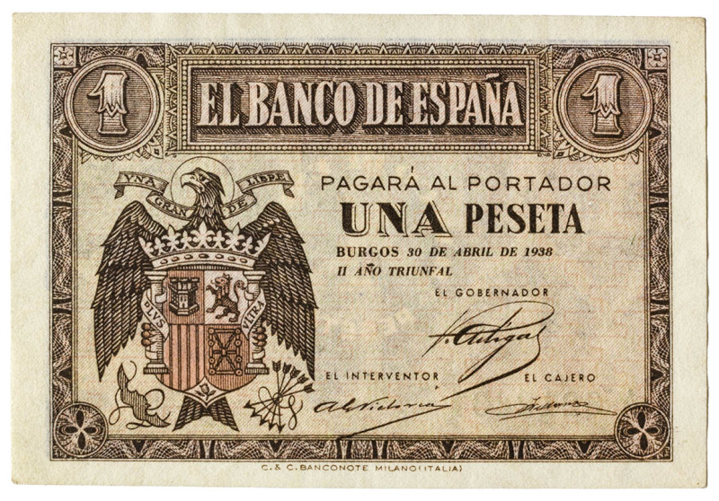 1938. Burgos. 1 peseta. (Ed. 428). 30 de abril. Serie A. Variante de color. Esqu...