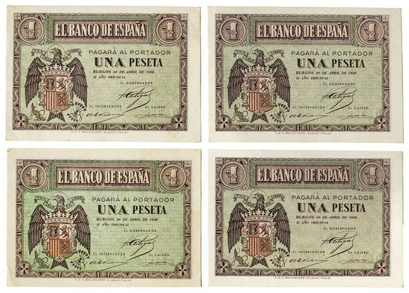 1938. Burgos. 1 peseta. (Ed. 428 y 428a). 30 de abril. Lote de 4 billetes, serie...