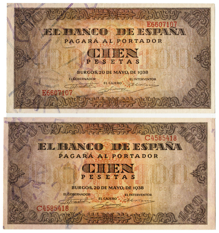 1938. Burgos. 100 pesetas. (Ed. 432a). 20 de mayo. Lote de 2 billetes, series C ...