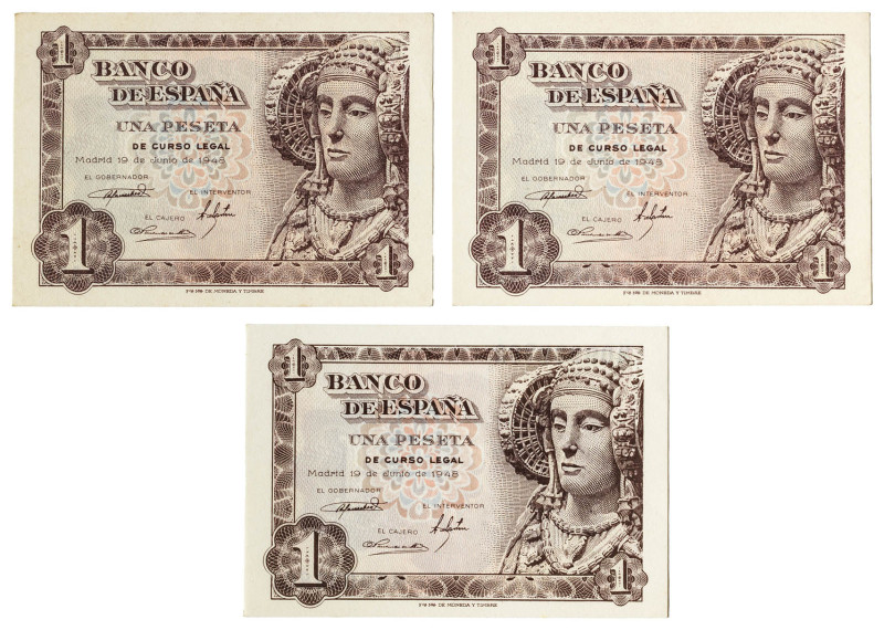 1948. 1 peseta. (Ed. 457a). 19 de junio, Dama de Elche. Lote de 3 billetes, seri...