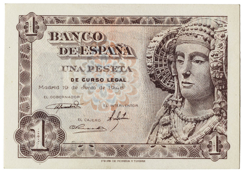 1948. 1 peseta. (Ed. 457b). 19 de junio, Dama de Elche. Serie O, última emitida....