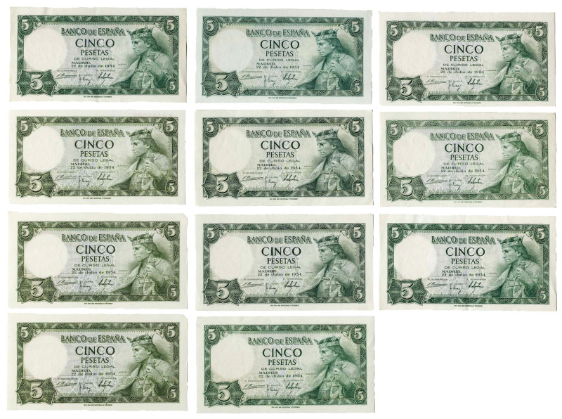 1954. 5 pesetas. (Ed. 466 y 466a). 22 de julio, Alfonso X. Lote de 11 billetes, ...