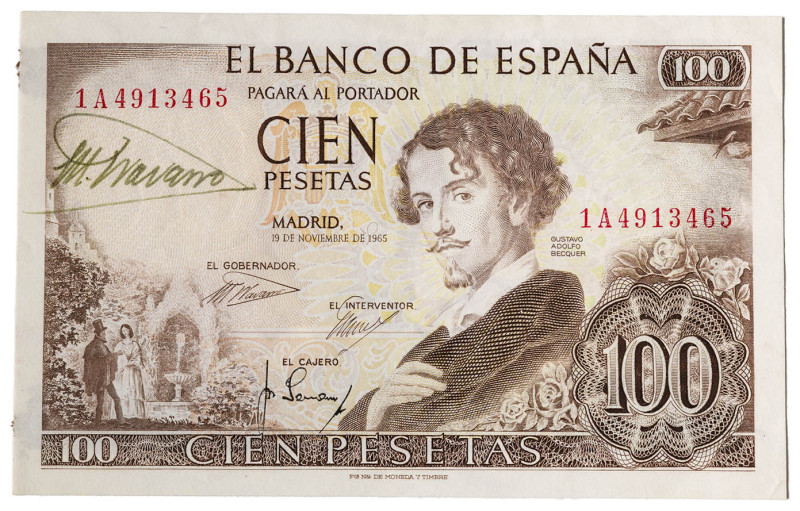 1965. 100 pesetas. (Ed. 470a). 19 de noviembre, Bécquer. Serie 1A. Con firma man...