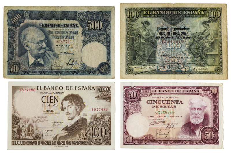 1906 a 1965. 50, 100 (dos) y 500 pesetas. Lote de 4 billetes del Banco de España...