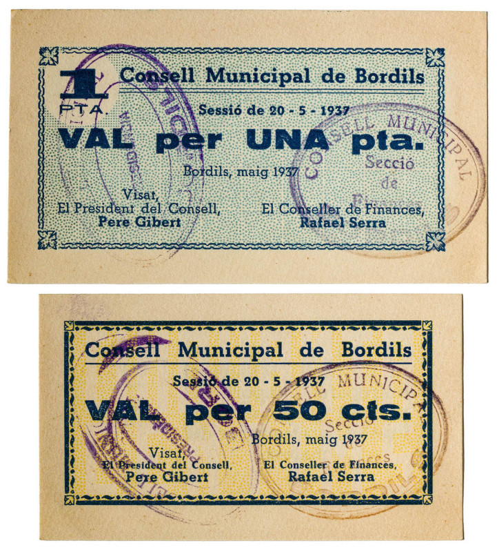 Bordils. 50 céntimos y 1 peseta. (T. 575 y 576). 2 billetes. Raros así. EBC+. 
...