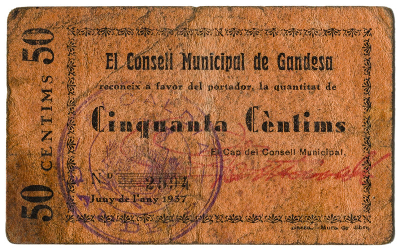 Gandesa. 50 céntimos. (T. 1253). Cartón. Escaso. BC+. 

Ex Colección J. Vila 1...