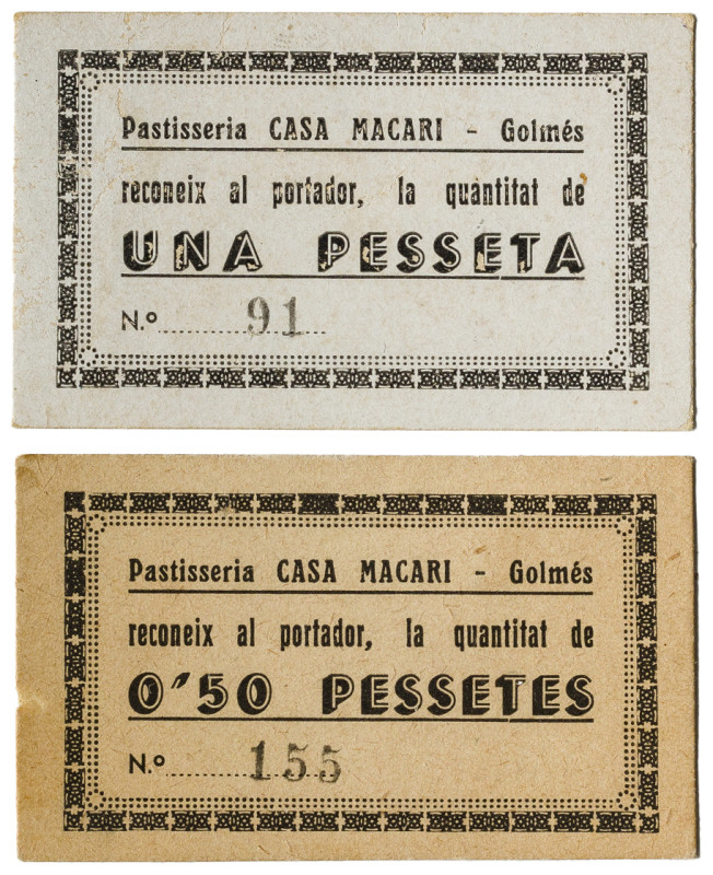 Golmés. Pastisseria Casa Macari. 50 céntimos y 1 peseta. (AL. 3427 y 3428) (RGH....