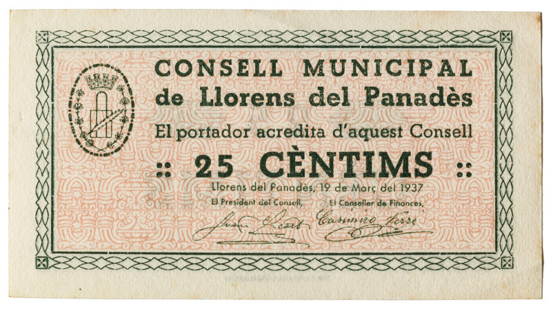 Llorenç del Penedès. 25 céntimos. (T. 1563 var). Sin numerar. Escaso así. EBC-. ...