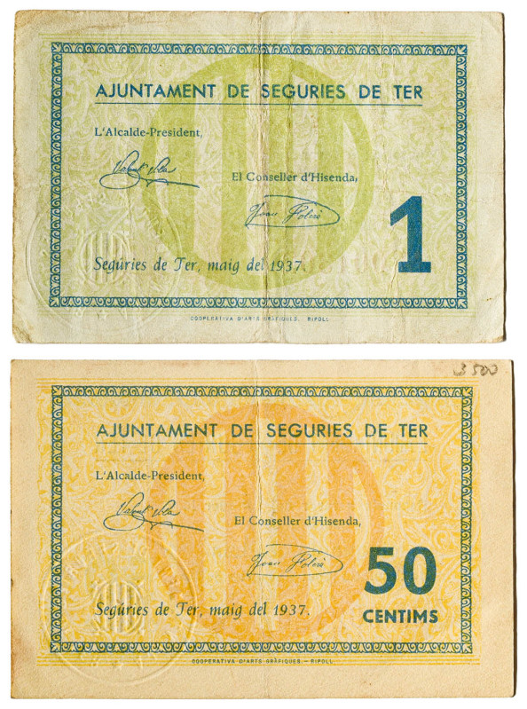 Segúries de Ter. 50 céntimos y 1 peseta. (T. 2677a y 2678). 2 billetes, serie co...