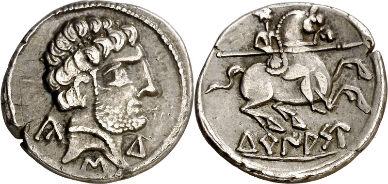 Turiasu (Tarazona). Denario. (FAB. 2417) (ACIP. 1720). Anv.: Cabeza barbada, det...