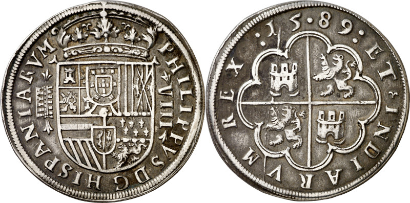 1589. Felipe II. Segovia. 8 reales. (AC. 693). Acueducto de 5 y 6 arcos y 2 piso...