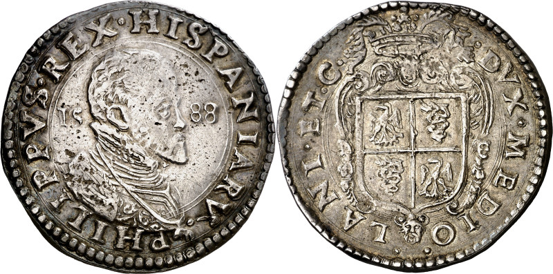 1588. Felipe II. Milán. 1 ducatón. (Vti. 53) (MIR. 308/14). Leves impurezas. Bue...