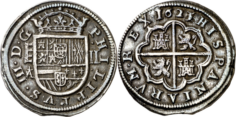 1621/14. Felipe III. Segovia. /C. 2 reales. (AC. 656). Atractiva. Rara. 6,41 g. ...