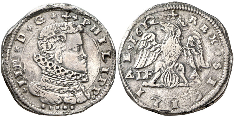 1612. Felipe III. Messina. DF-A. 4 taris. (Vti. 131) (MIR. 345/7). Buen retrato....