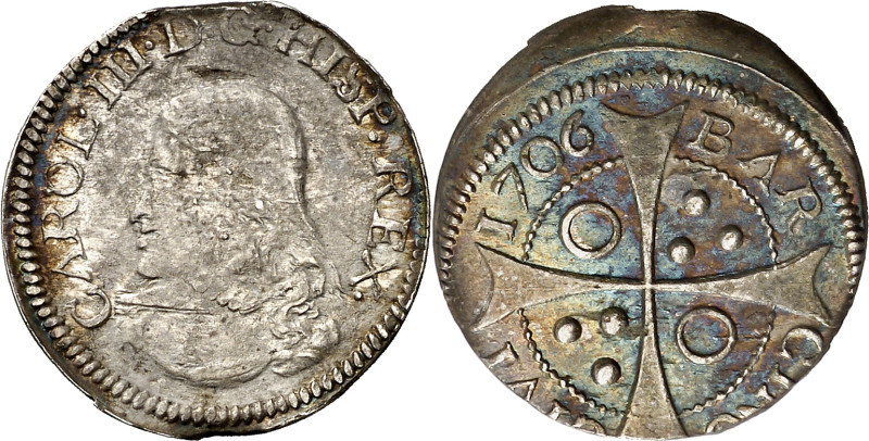 1706. Carlos III, Pretendiente. Barcelona. 1 croat. (AC. 20). Roel en 1er y 4º c...