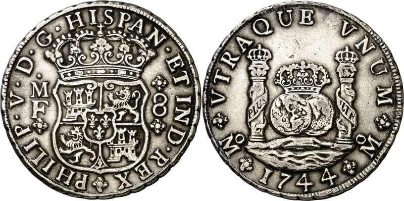 1744. Felipe V. México. MF. 8 reales. (AC. 1466). Columnario. Limpiada. 27,01 g....