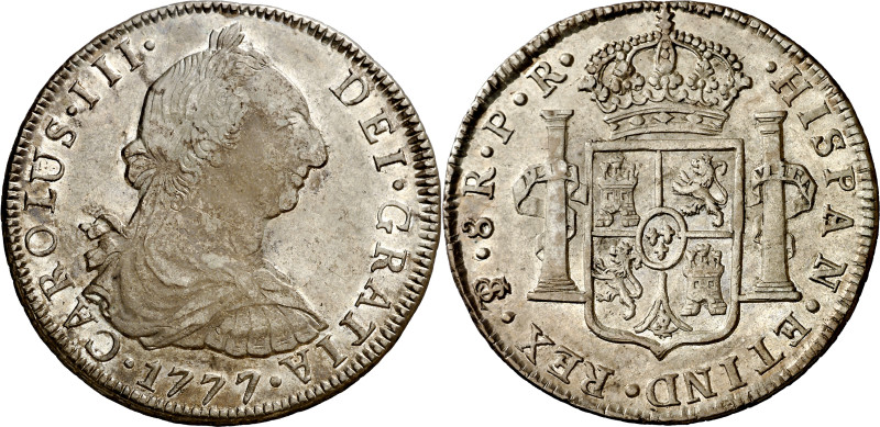 1777. Carlos III. Potosí. PR. 8 reales. (AC. 1174). Pátina irregular en anverso....