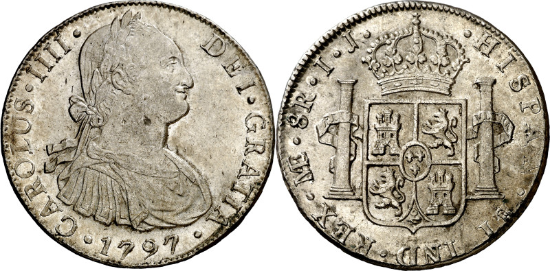 1797. Carlos IV. Lima. IJ. 8 reales. (AC. 915). Leves marquitas. Parte de brillo...