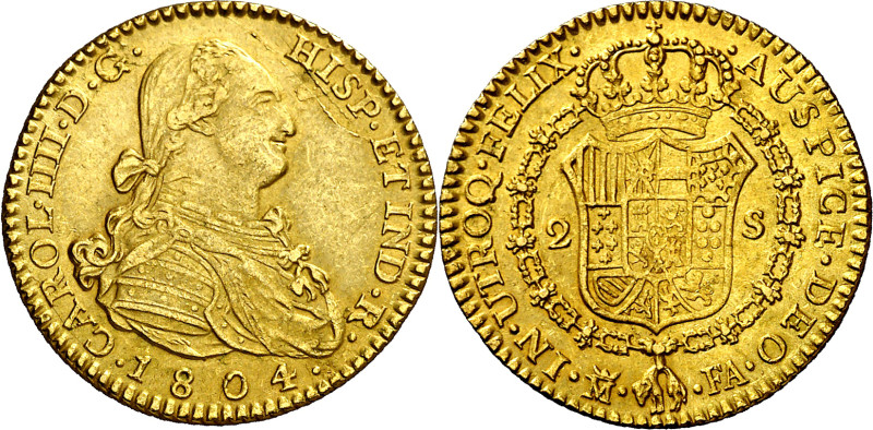 1804. Carlos IV. Madrid. FA. 2 escudos. (AC. 1310). 6,74 g. MBC+. 

1804. Carl...