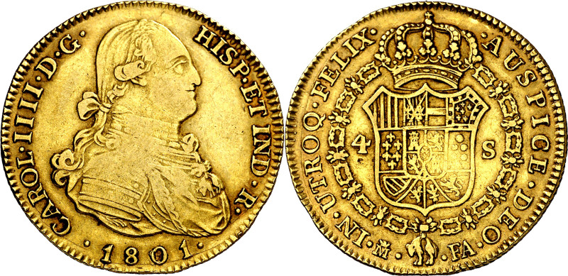 1801. Carlos IV. Madrid. FA. 4 escudos. (AC. 1481). 13,41 g. MBC-/MBC. 

1801....