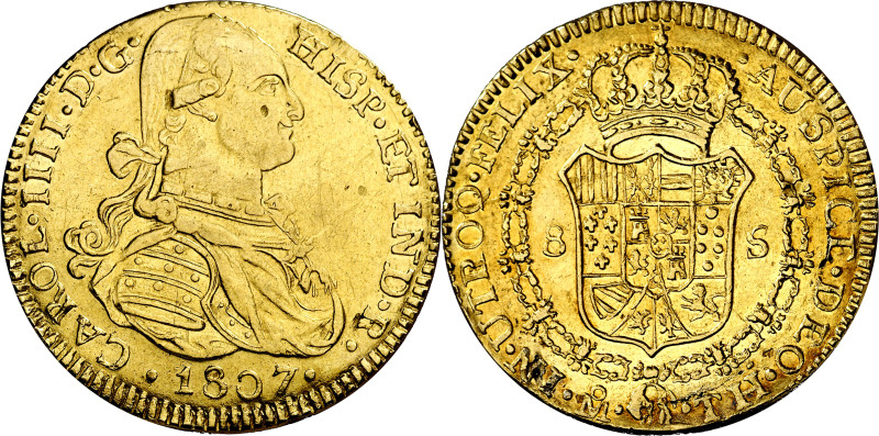 1807. Carlos IV. México. TH. 8 escudos. (Cal.Onza falta) (Barrera falta). Falsa ...