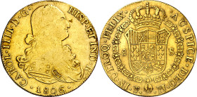 1806. Carlos IV. Potosí. PJ. 8 escudos. (Cal.Onza 1506) (Barrera falta). Falsa de época en oro. 24,37 g. MBC-/MBC.