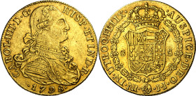 1798. Carlos IV. Santa Fe de Nuevo Reino. JJ. 8 escudos. (AC. 1731) (Cal.Onza 1130) (Restrepo 97-18). Rayitas. 27,06 g. MBC+.