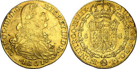 1801. Carlos IV. Santa Fe de Nuevo Reino. JJ. 8 escudos. (AC. 1738) (Cal.Onza 1136) (Restrepo 97-25). Rayitas. 27,01 g. MBC+/EBC-.