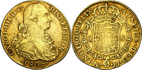 1805. Carlos IV. Santa Fe de Nuevo Reino. JJ. 8 escudos. (AC. 1746) (Cal.Onza 1144) (Restrepo 97-34). Golpecito. 26,94 g. MBC-/MBC.