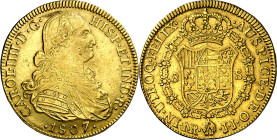 1807. Carlos IV. Santa Fe de Nuevo Reino. JJ. 8 escudos. (AC. 1748) (Cal.Onza 1147) (Restrepo 97-38). Rayitas y golpecitos. 26,78 g. MBC.