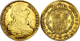 1803. Carlos IV. Santiago. FJ. 8 escudos. (AC. 1773) (Cal.Onza 1174). Hojitas. Rayita. 26,82 g. MBC-/MBC.